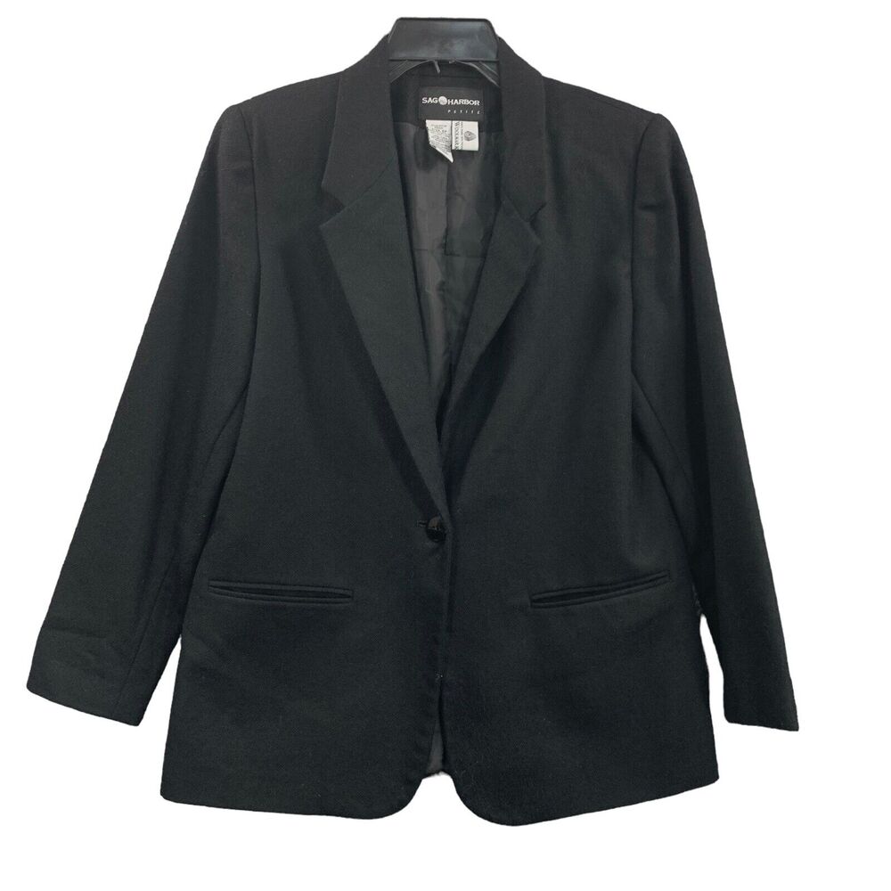 Sag Harbor Blazer Jacket 100% Pure Wool Black 6 Petite Womans Minimalist Career
